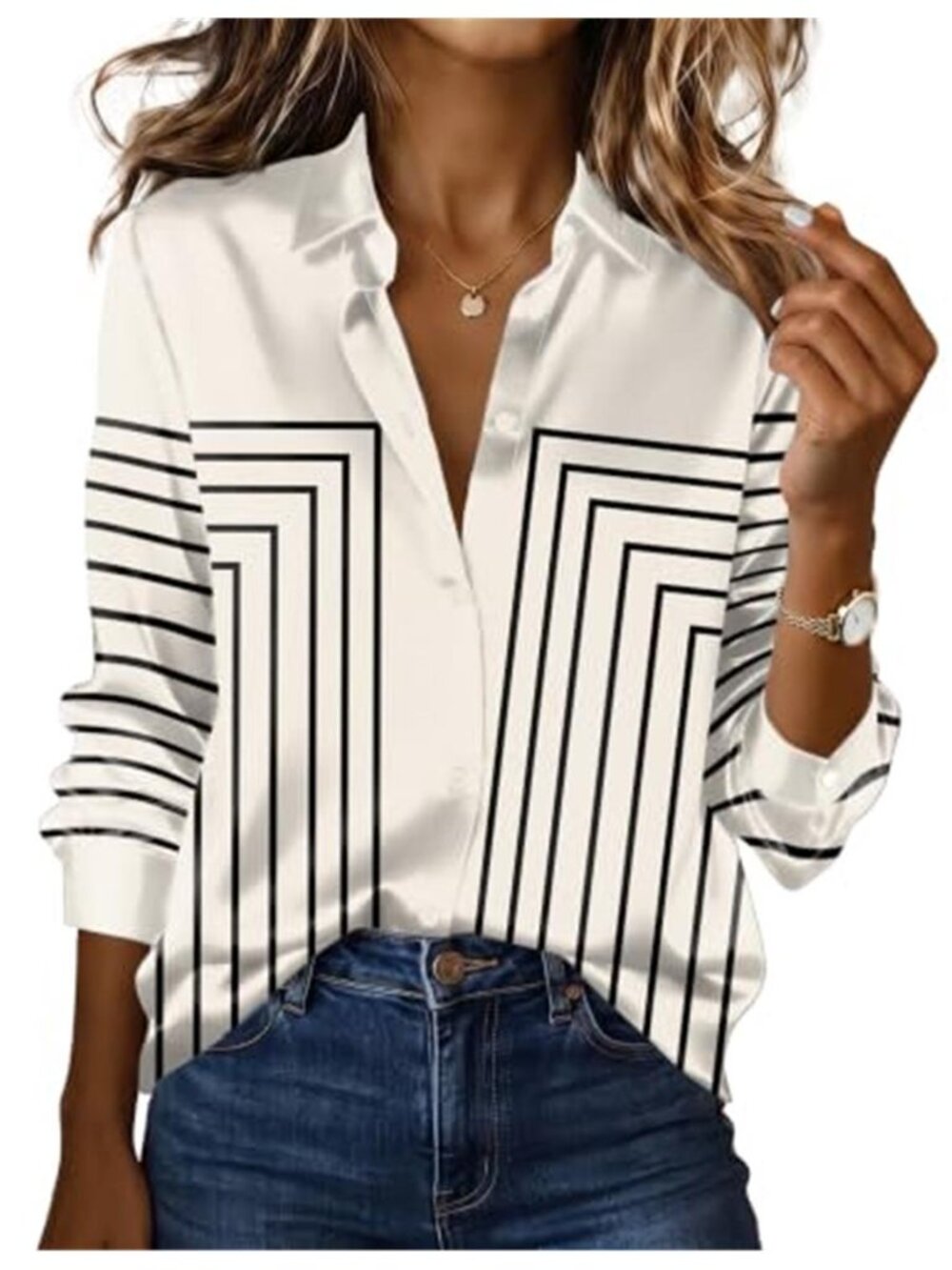 Women's Black White Satin Blouse Button Down Long Sleeve Loose Dressy Shirt
